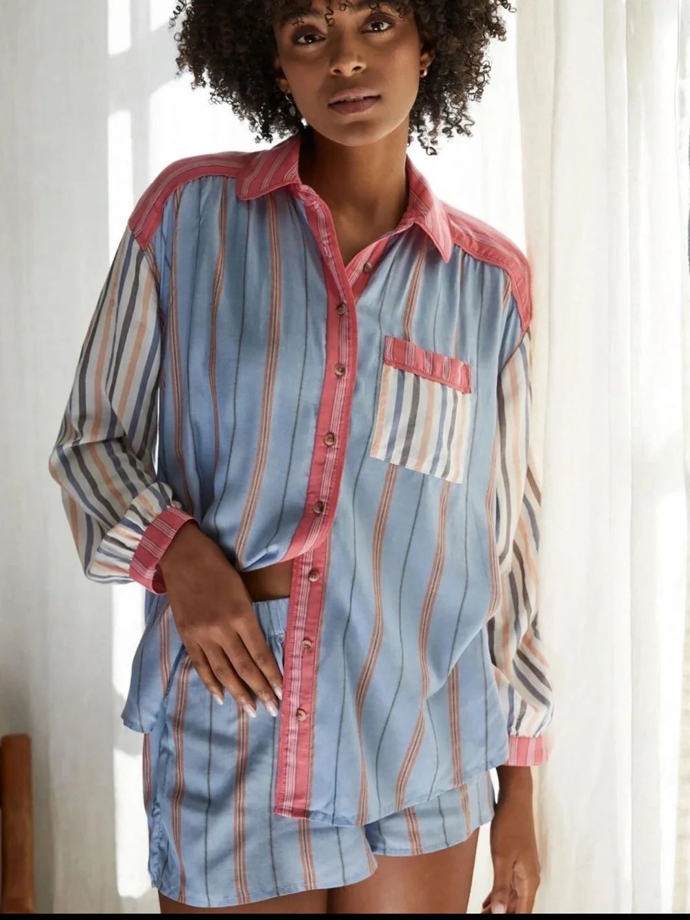 ANTHROPOLOGIE True Pajama Long Sleeve Striped Top Blue Pink Women’s Size Small